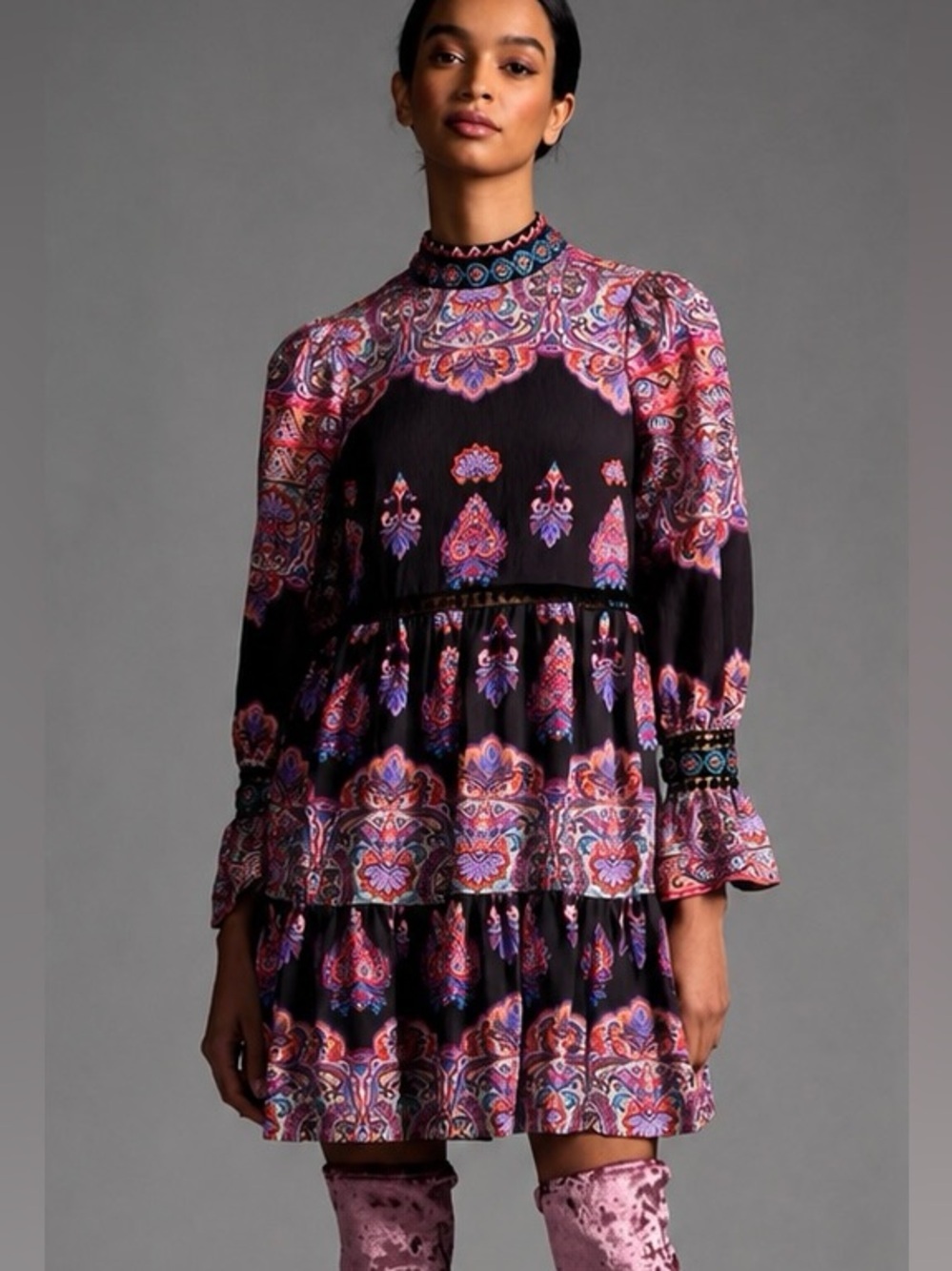 Anthropologie Paisley Tiered Long Sleeve Mini Dress